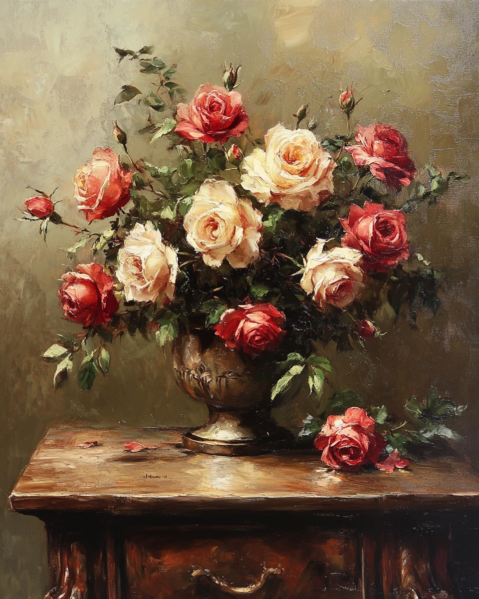 Atmosphärisches Ölgemälde von Rosen in nebligen, stimmungsvollen Tönen