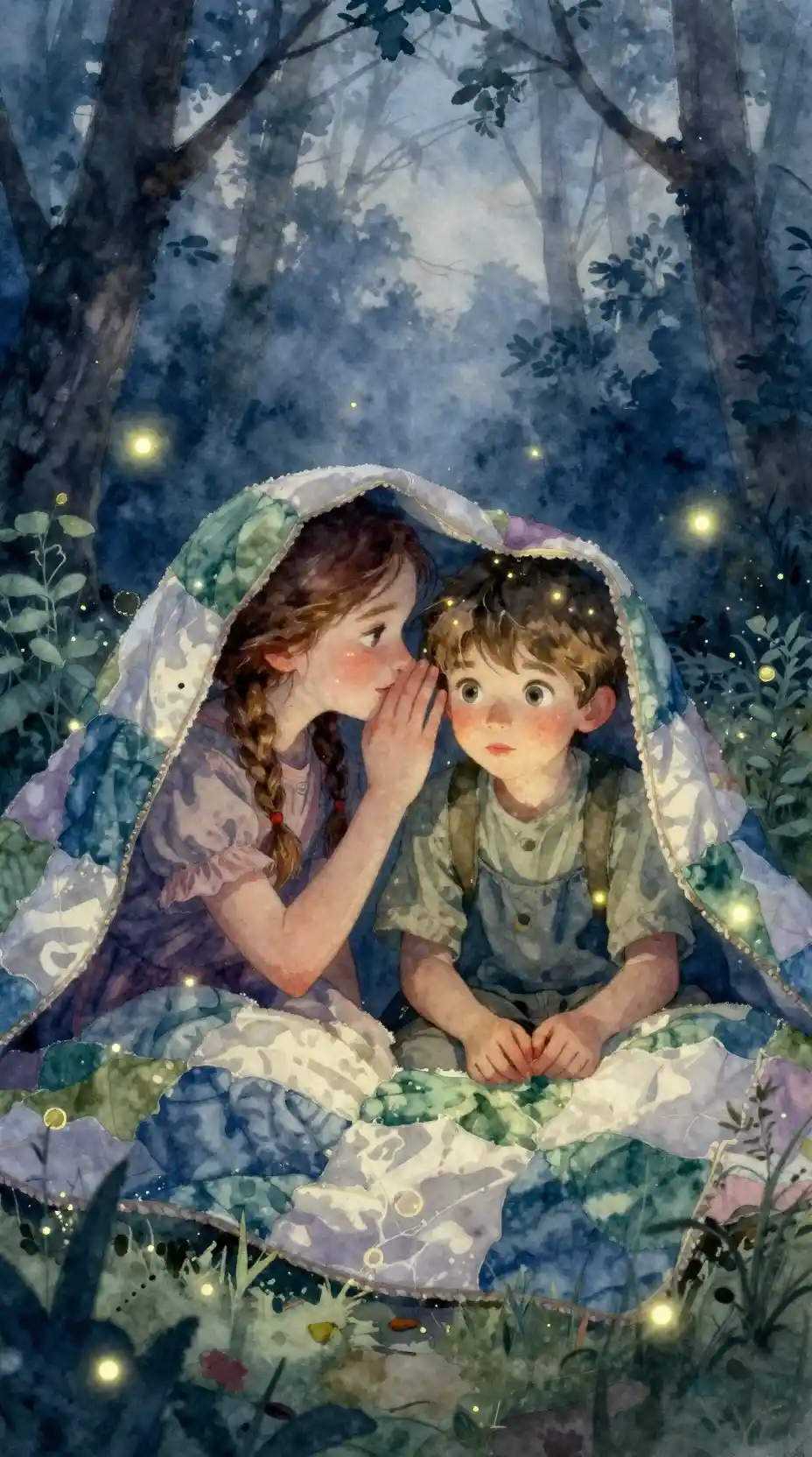 Siblings Sharing A Secret Under A Quilt At Twilight