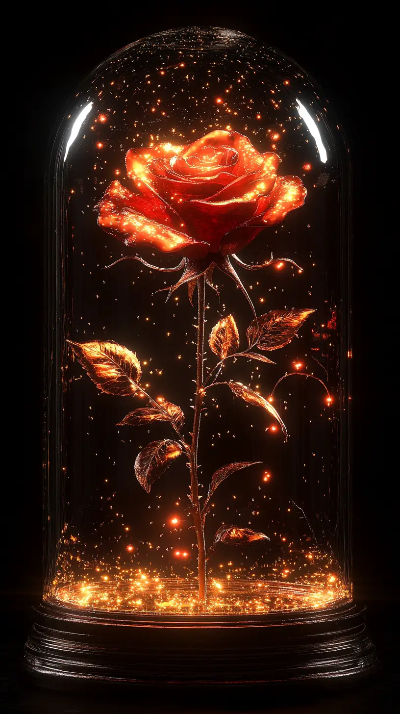 水晶玻璃罩中的魔法發光玫瑰