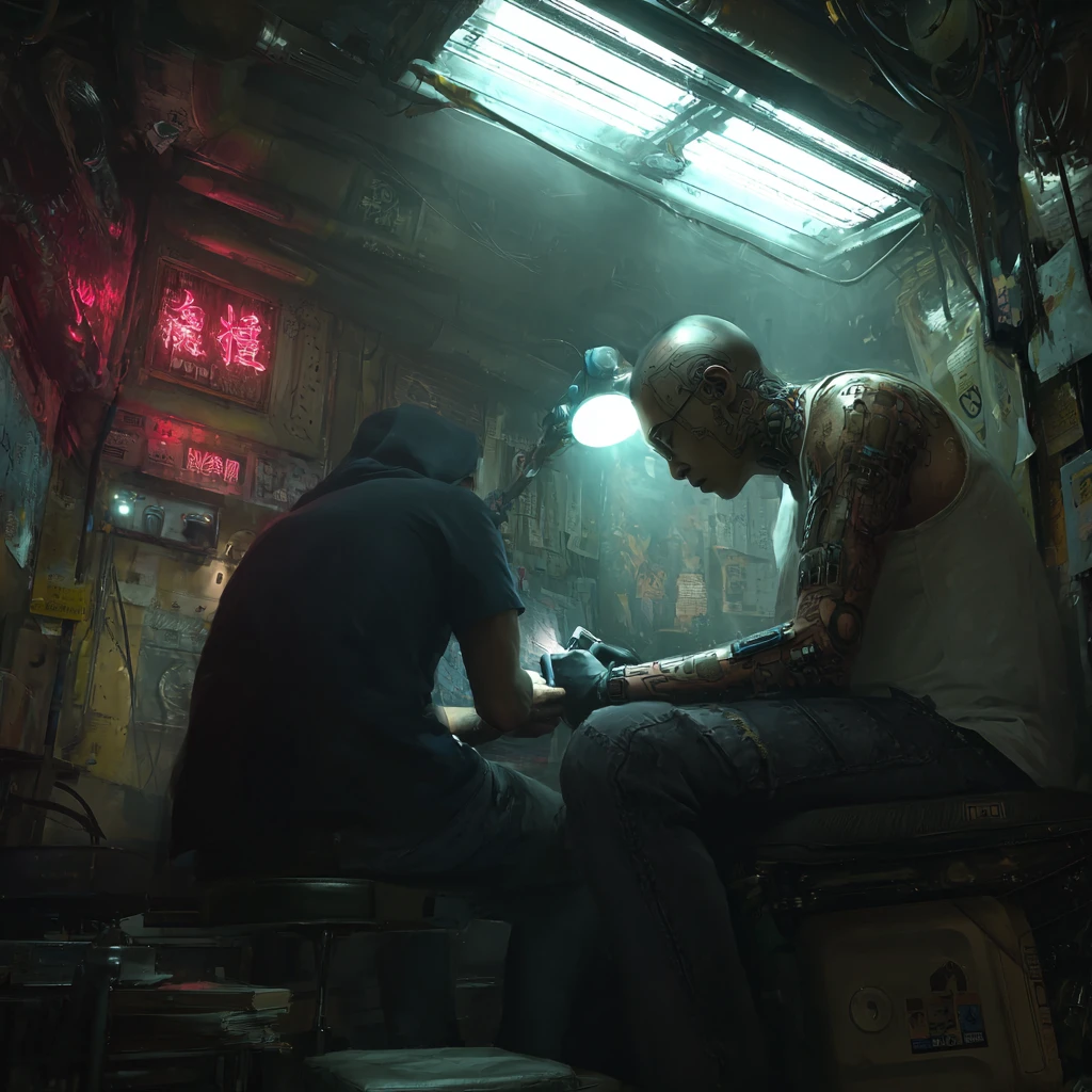 Gangster wird in futuristischem chinesischem Studio tätowiert