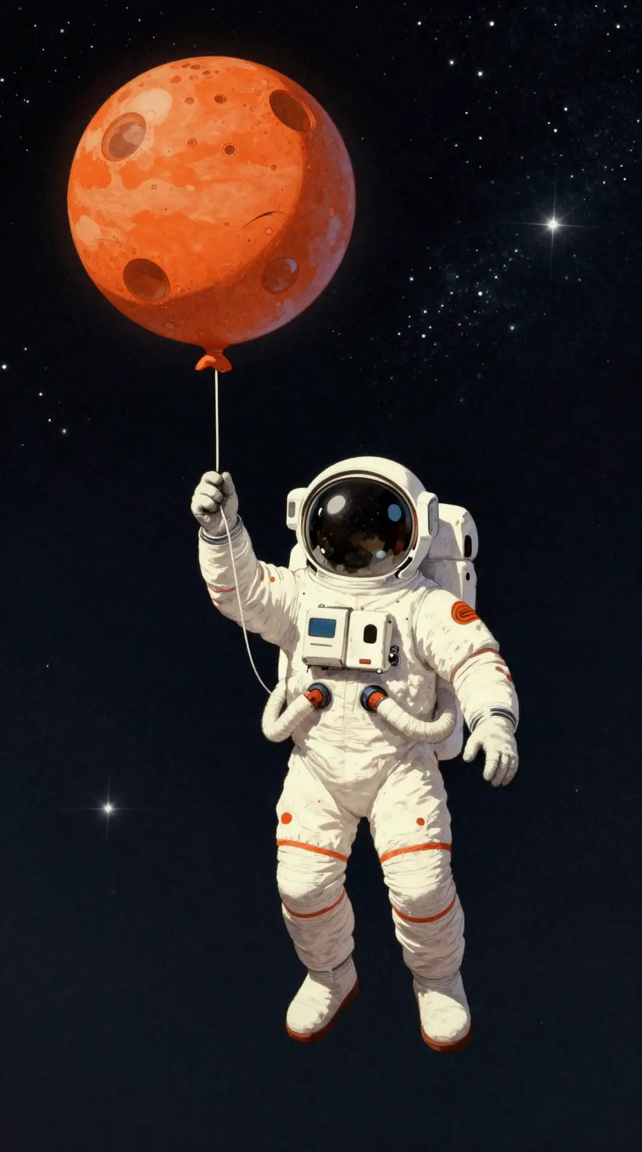 復古太空人在宇宙中漂浮，手握橘色星球氣球