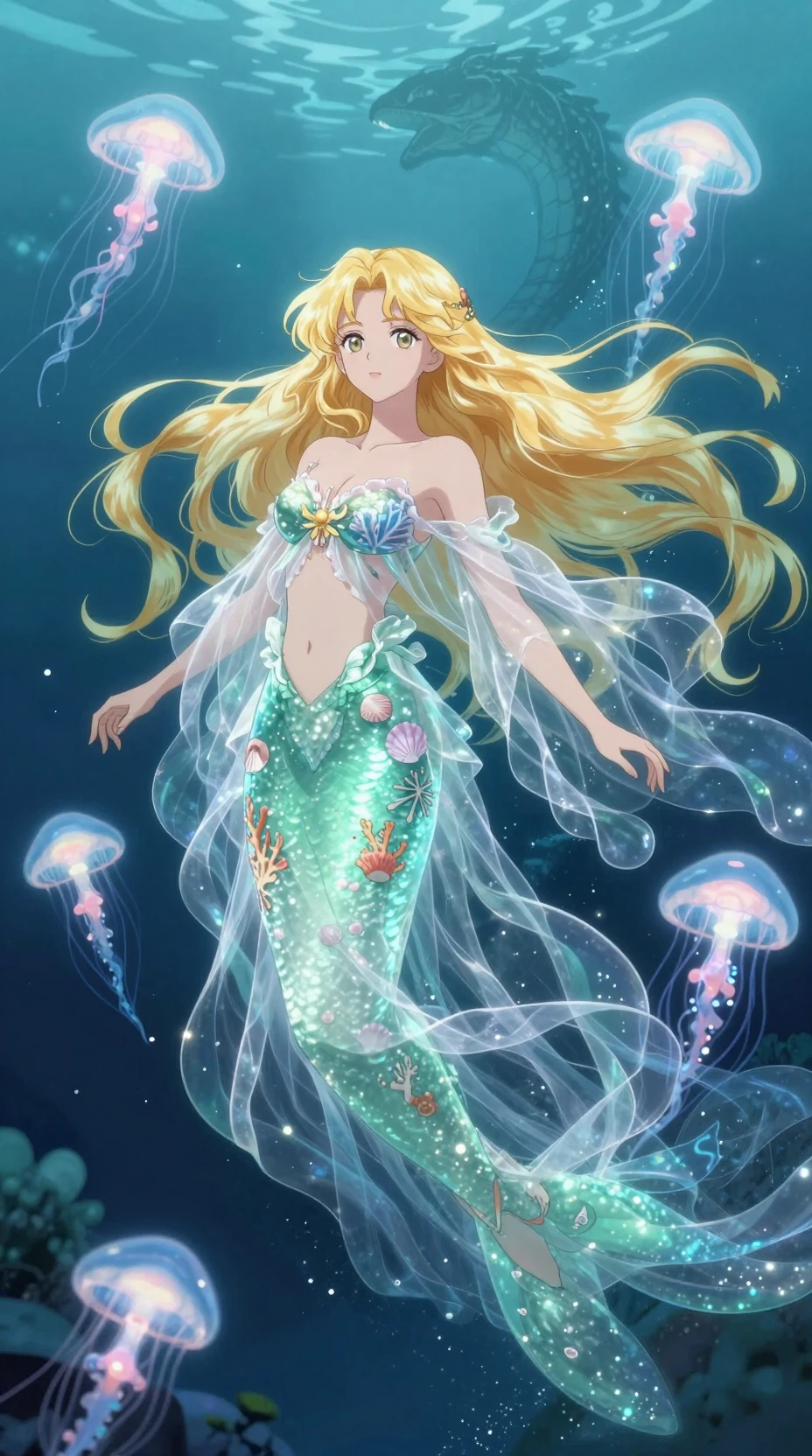 Sereia de cabelos dourados com vestido esvoaçante verde-espuma sob a água