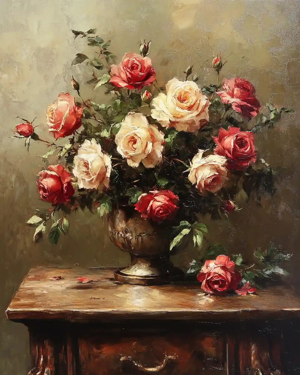Atmospheric oil painting of roses in moody foggy tones