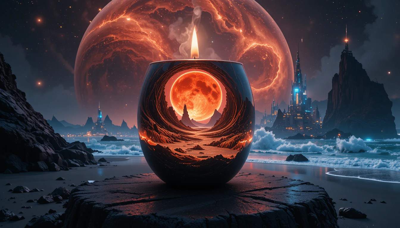 Surreale Galaxienlandschaft, die in einer einzelnen Kerze leuchtet