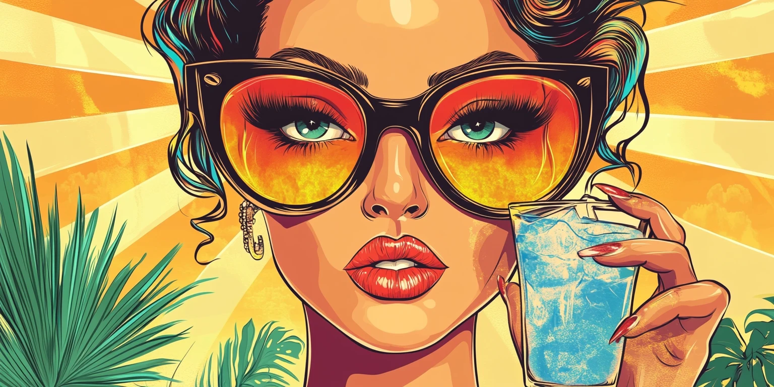 Cartoon glam diva on tropical beach with iced drink