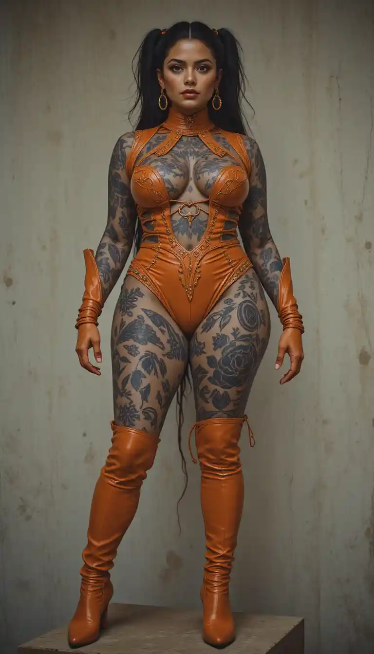 Donna tatuata e intimidatoria in ritratto con pelle arancione