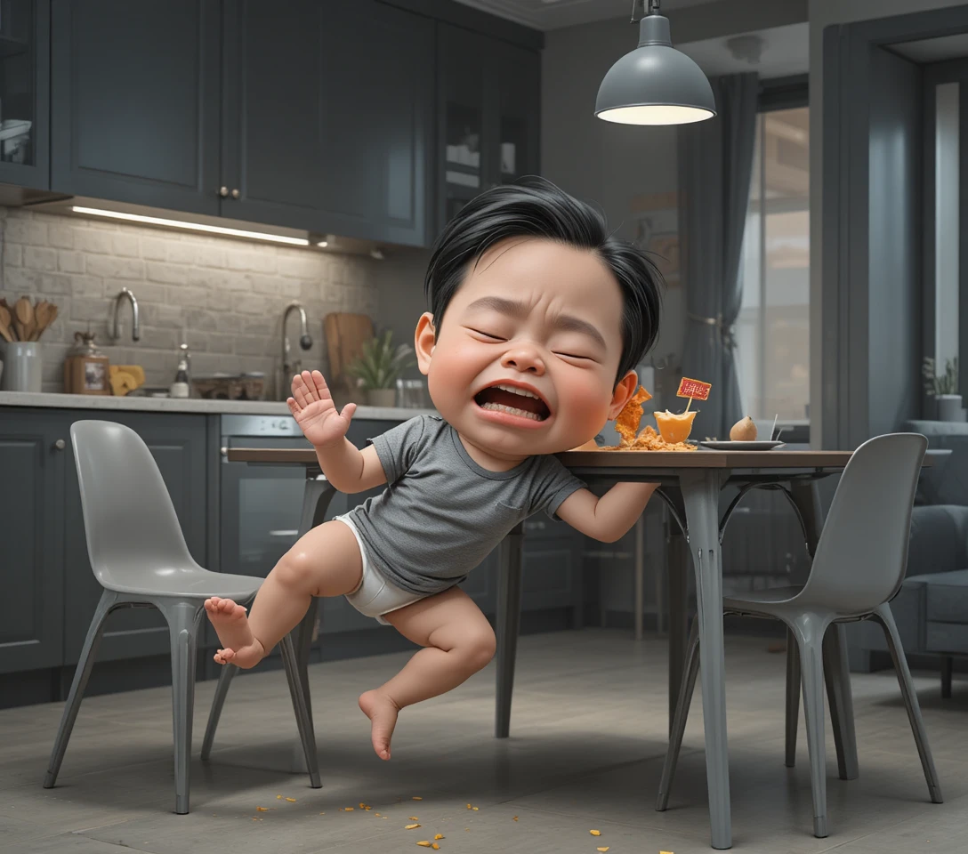 Bebê chorando caindo perto da mesa em cozinha moderna