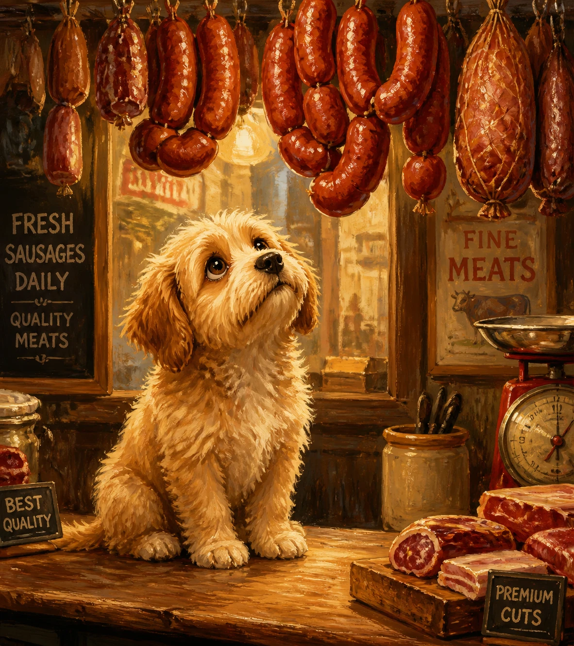 Cachorro fofo olhando para salsichas penduradas em açougue – ilustração