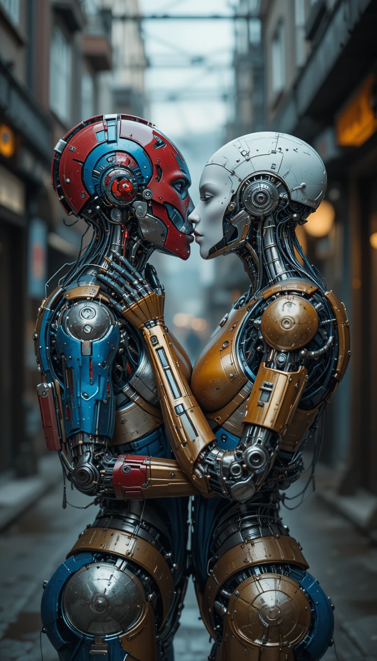 Dois robôs humanóides compartilhando um beijo terno na cidade