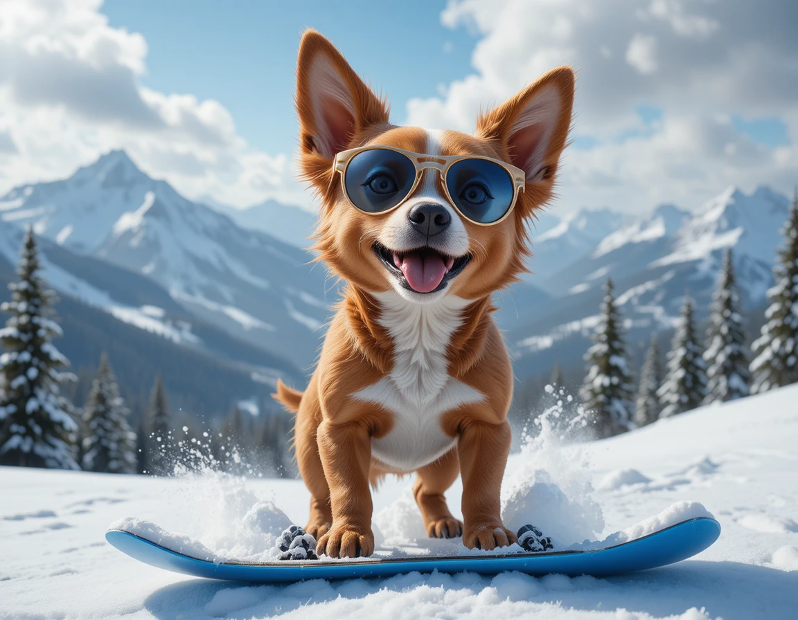 Filhote dourado brincalhão praticando snowboard nas ensolaradas montanhas alpinas