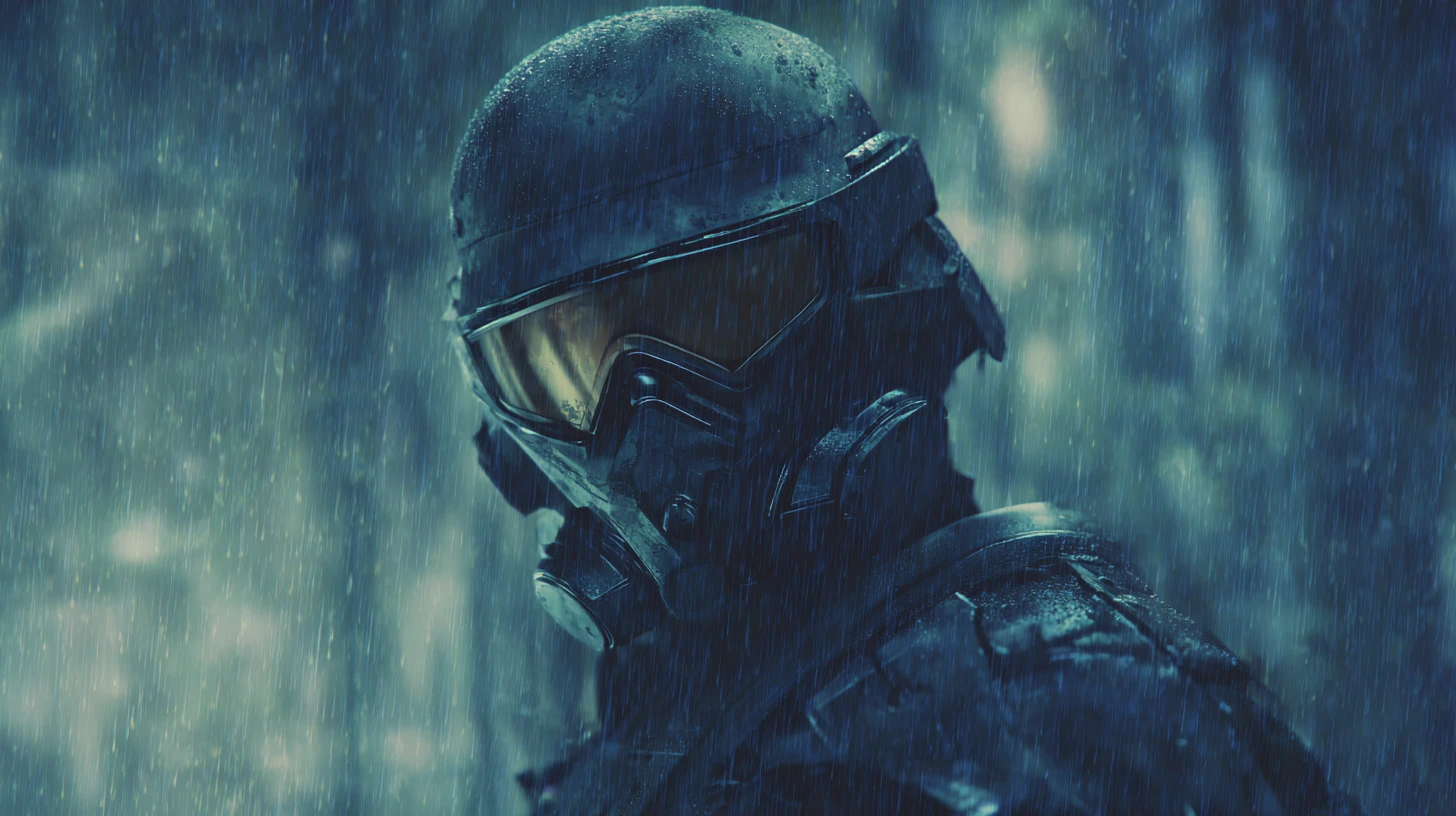 Commandant guerrier futuriste inquiétant sous une pluie brutaliste