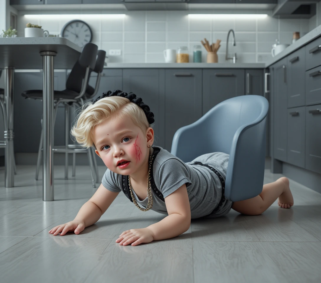 Femme blonde en harnais de cuir noir devant un mur de briques blanches