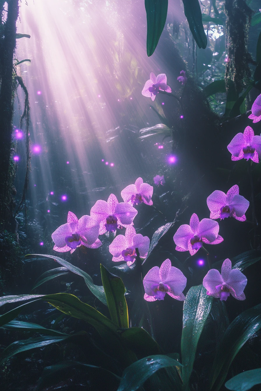 Orquídeas que brillan suavemente bajo la llovizna de una selva neblinosa