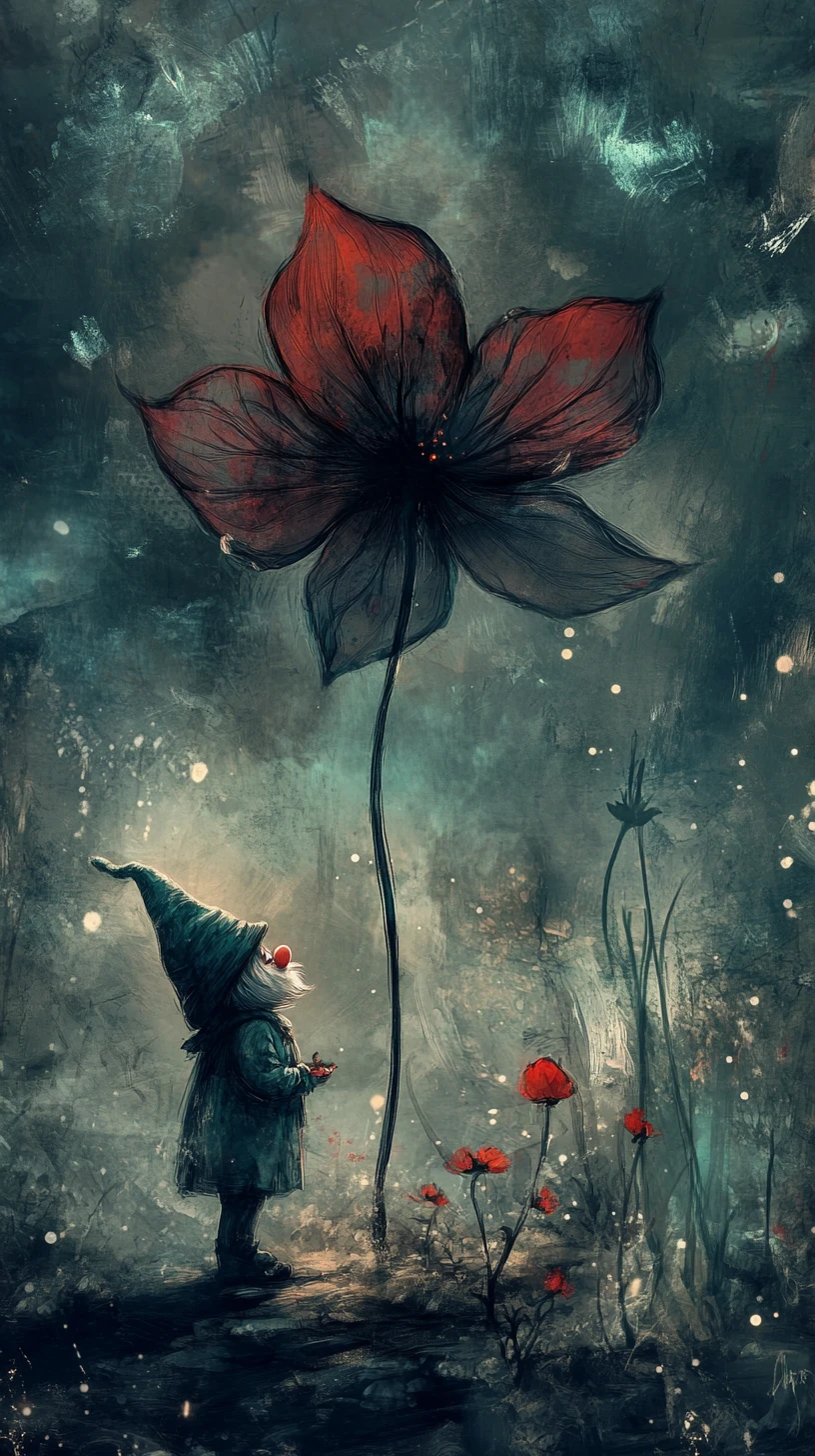 Gnome fantaisiste à côté d’une fleur d’un autre monde dans une lumière douce