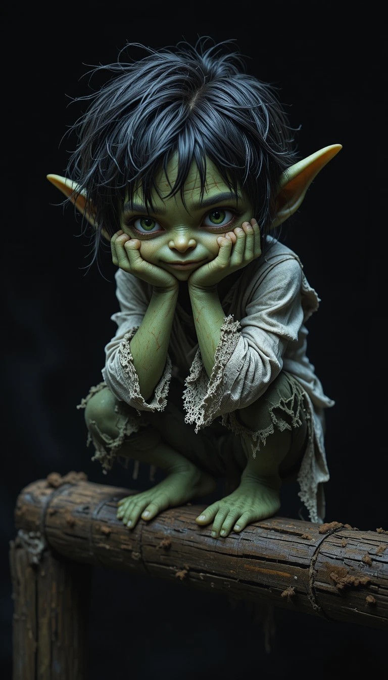 Criança goblin verde agachada em uma viga de madeira na escuridão