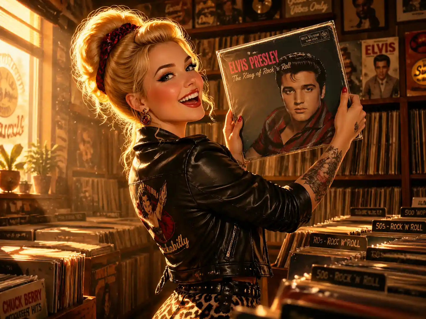 Joyful anime woman in a vintage record store