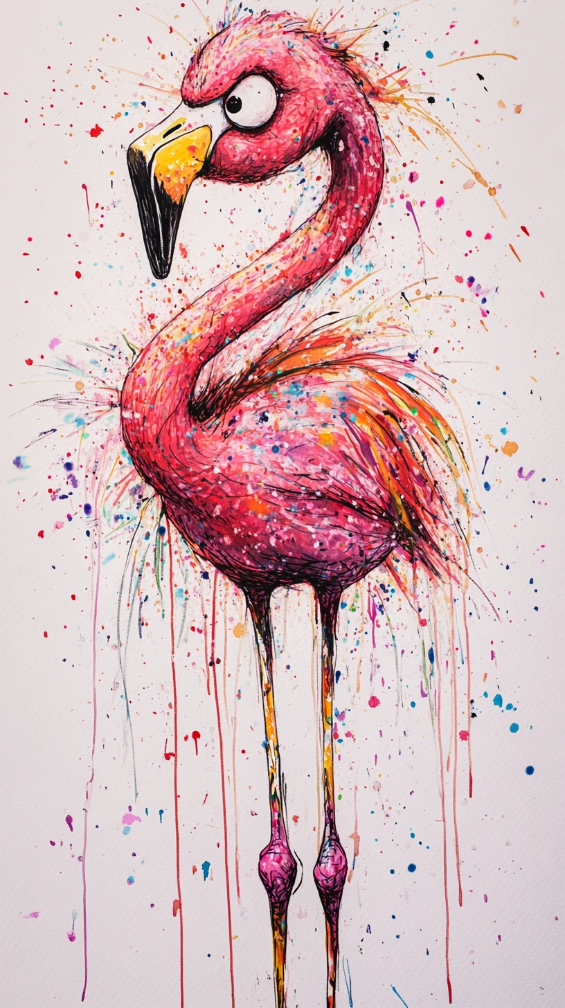 Ilustração em aquarela de flamingo brincalhão enroscado nas pernas compridas