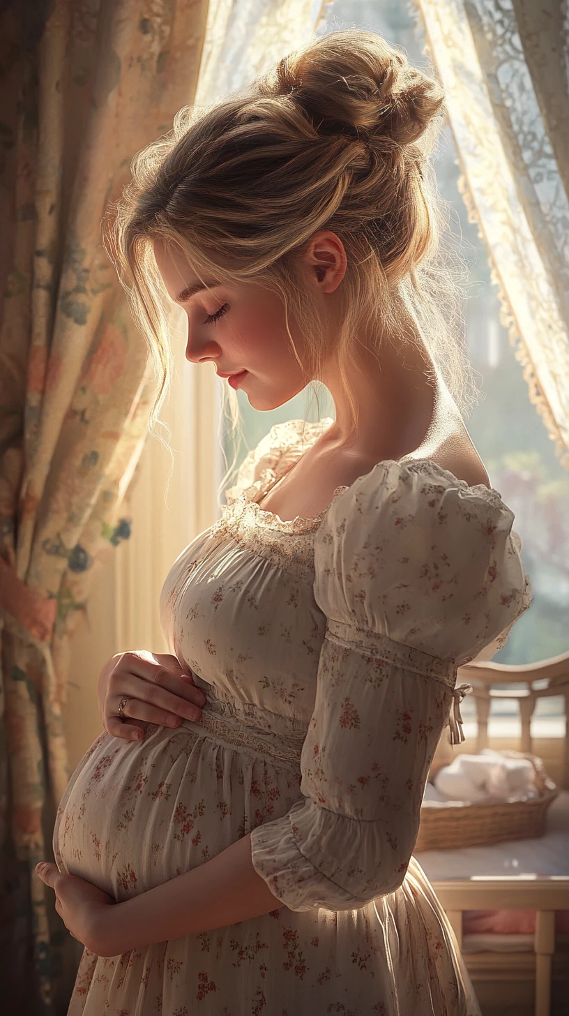 Femme enceinte en robe fleurie dans une chambre de bébé cosy