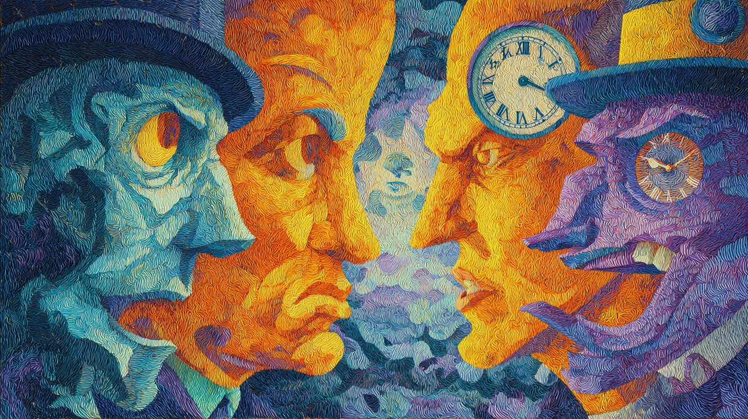 Paysage fracturé surréaliste tourbillonnant de visages humains déformés