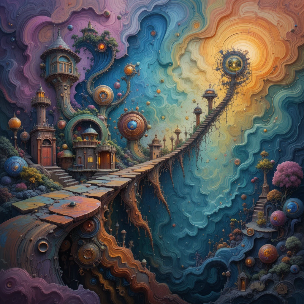 Formas abstratas surreais em um vibrante universo de cores em redemoinho