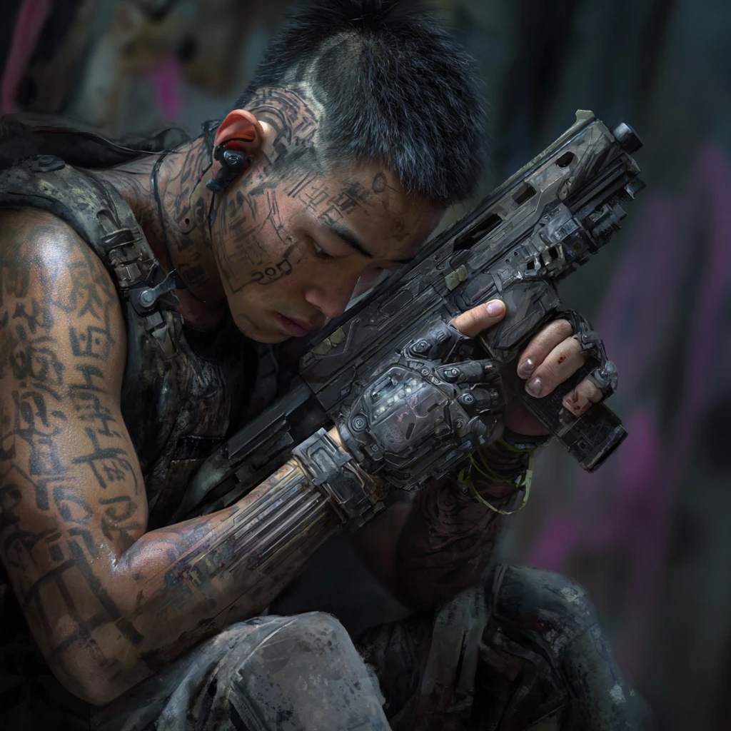 Gangsters asiatiques avec armes cyber dans une ville futuriste au néon