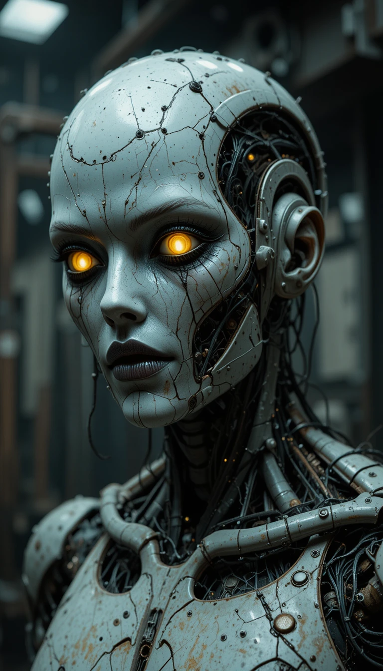 Robô humanóide assustador com olhos amarelos brilhantes na escuridão