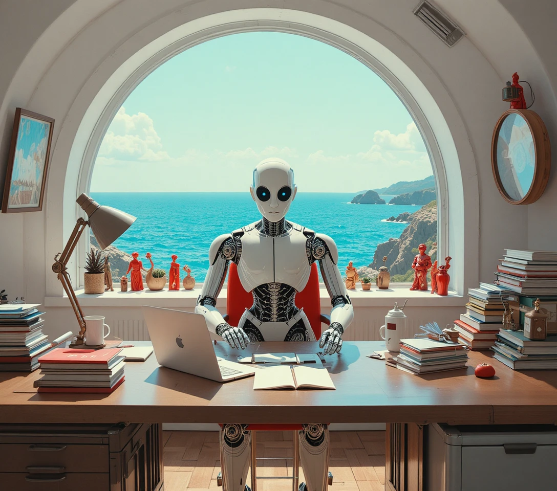 Robot humanoide de oficina trabajando en un escritorio moderno y minimalista
