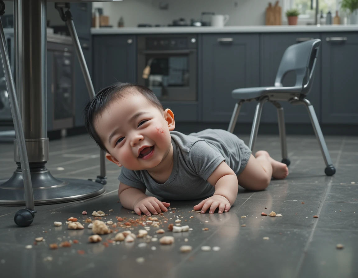 Vista de vigilância de bebê ferido no chão da cozinha