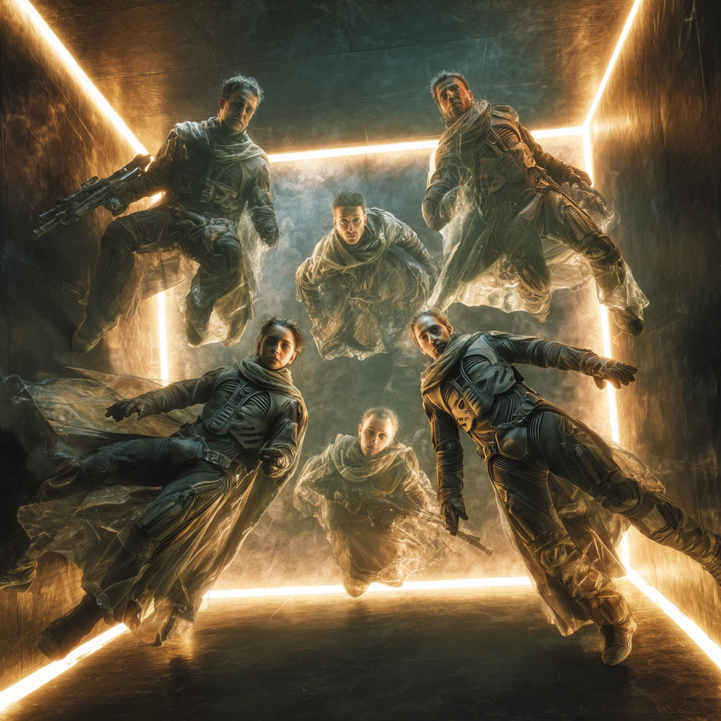 Fuzileiros futuristas em formação em um campo de batalha sci‑fi cinematográfico
