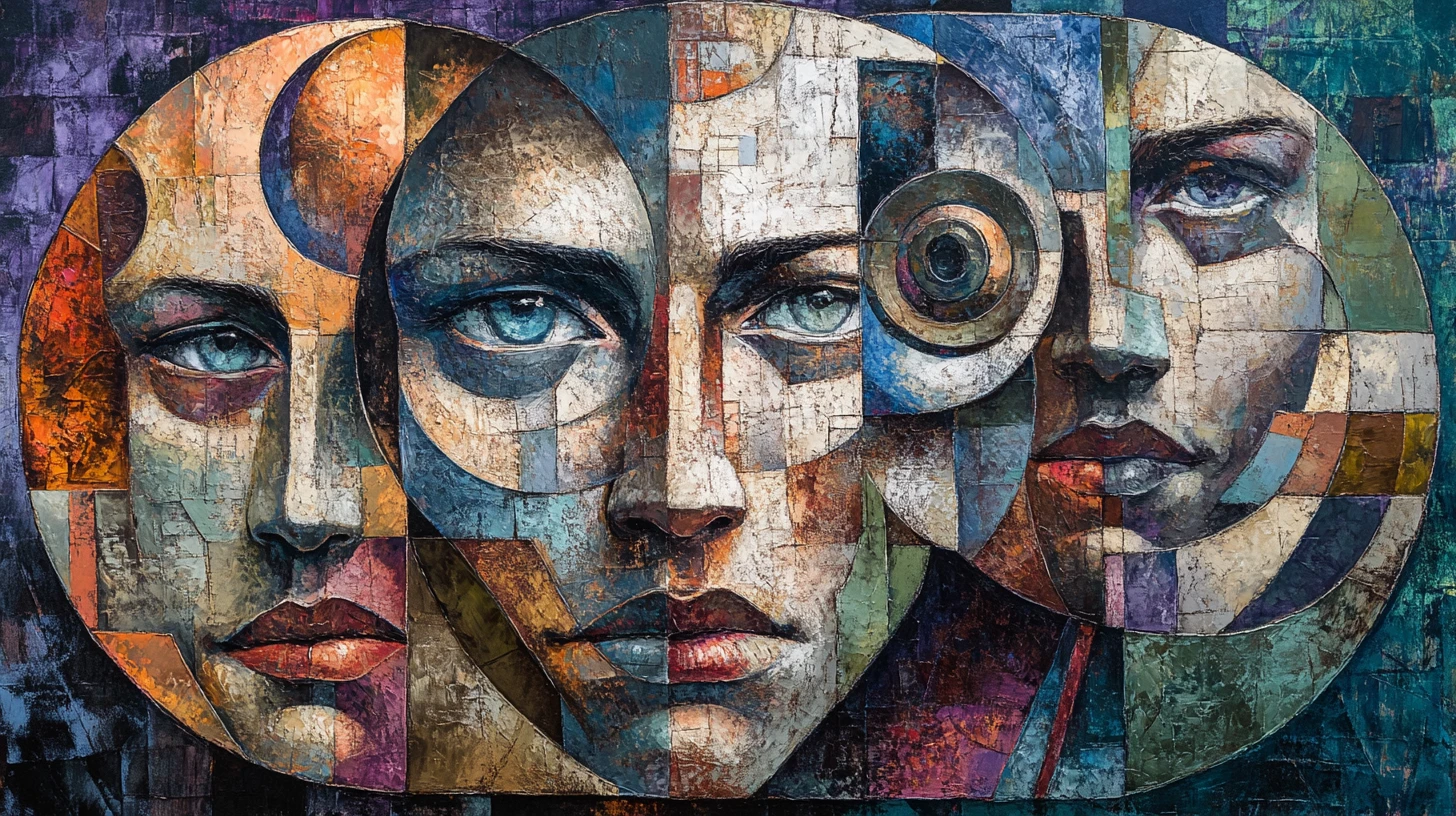 Retrato cubista surrealista de rostos humanos fragmentados e maquinário