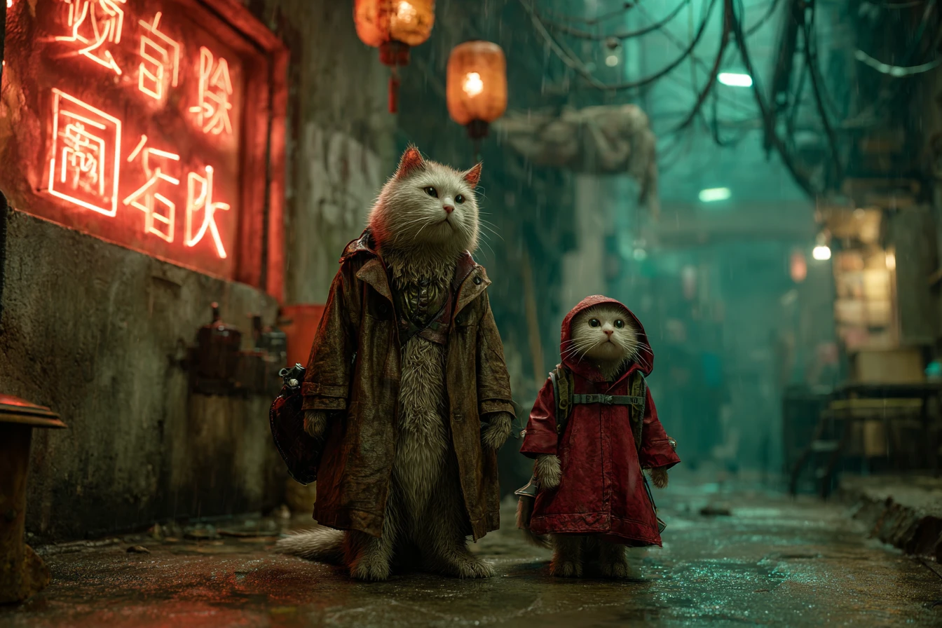 Dois gatos em um beco cyberpunk chuvoso iluminado por néon vermelho