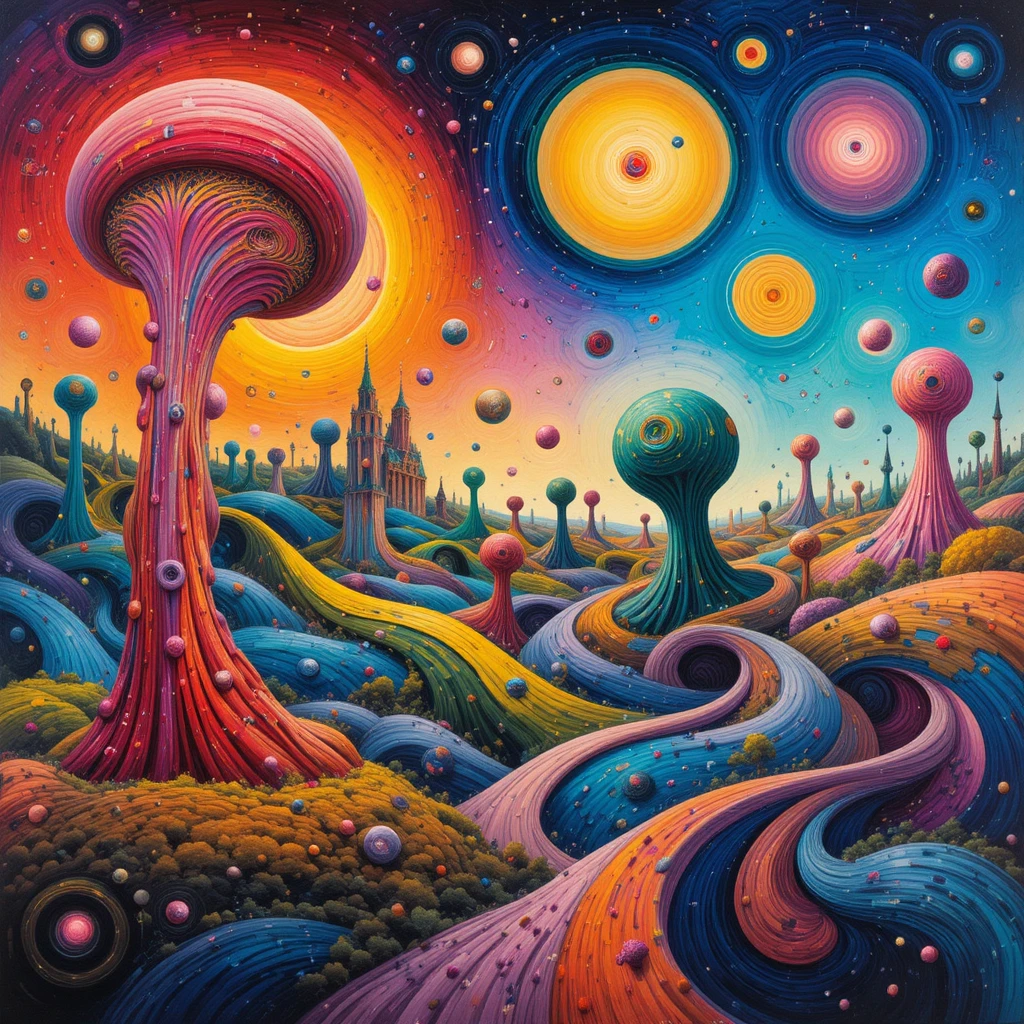 Paisagem abstrata surreal com formas orgânicas de arco‑íris em espiral