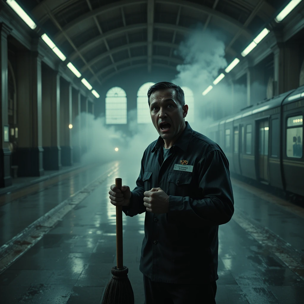 Scared janitor with mop on empty grand central platform