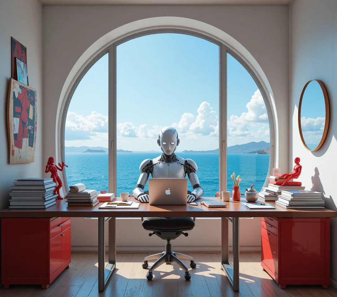 Humanoider Büro‑Roboter an einem modernen minimalistischen Schreibtisch