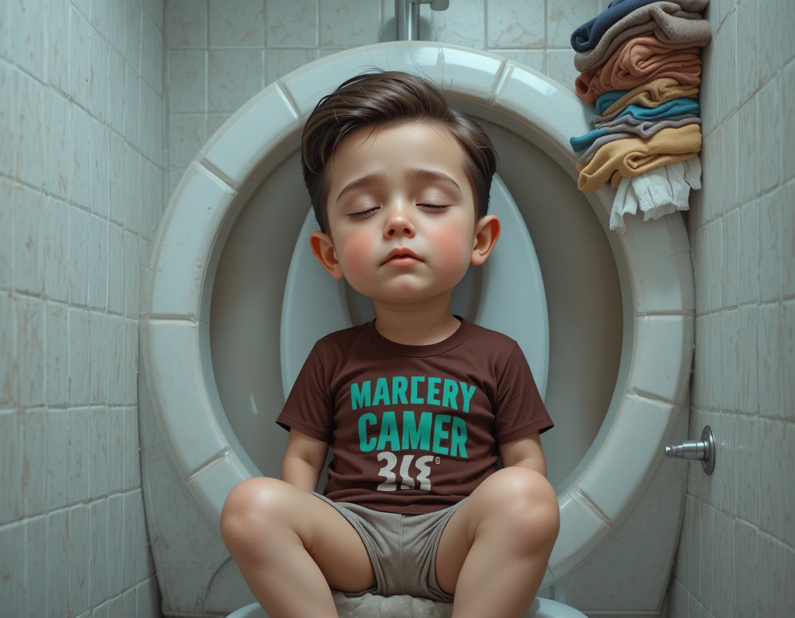 Niño pequeño durmiendo acurrucado dentro de un asiento de inodoro blanco