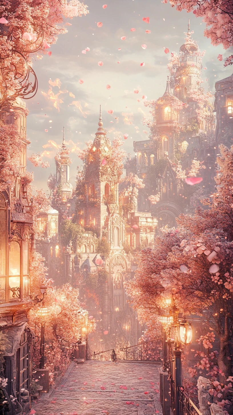 Träumerische Jugendstil-Fantasiestadt mit leuchtenden Laternen