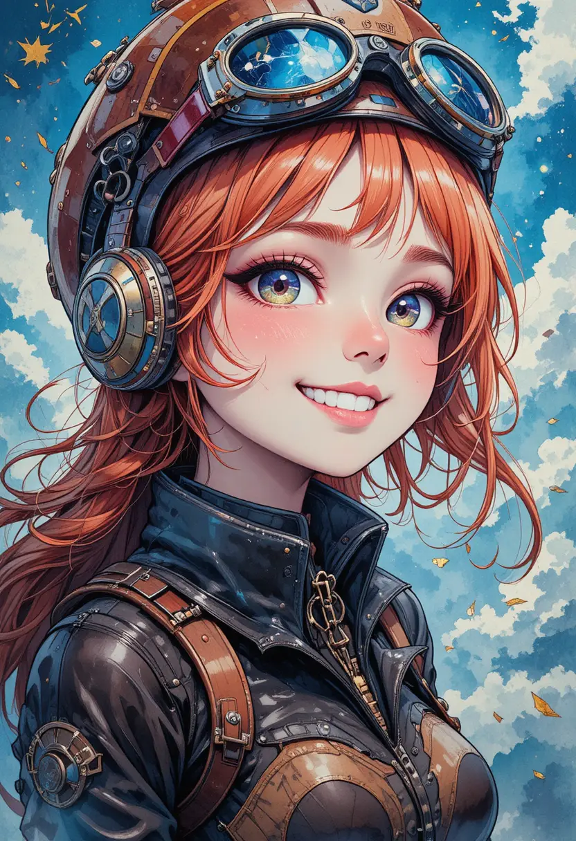 Steampunk-Anime-Mädchen als Himmelskapitän in Ganzkörperillustration