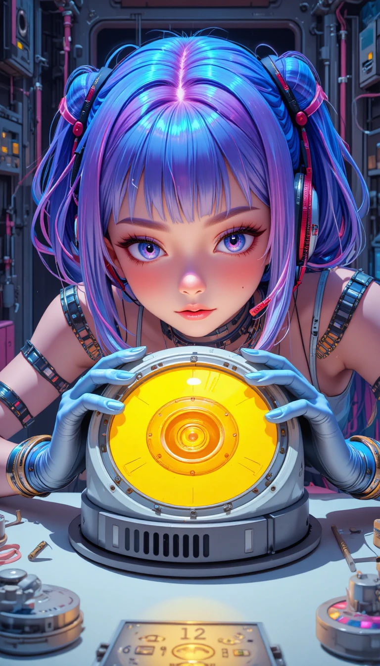 Cyber girl repairing a glowing circular device at table