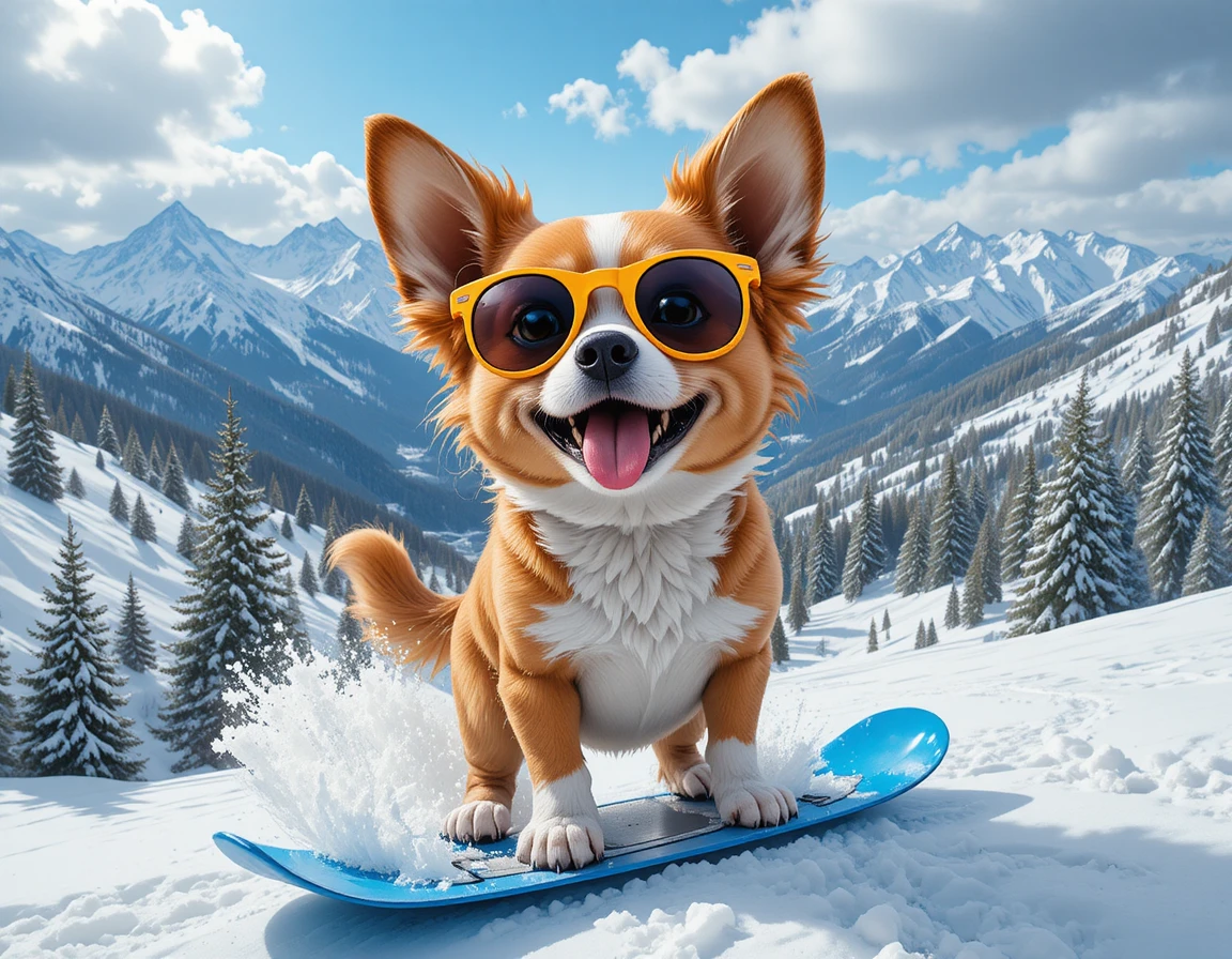 Filhote dourado brincalhão fazendo snowboard em uma prancha azul