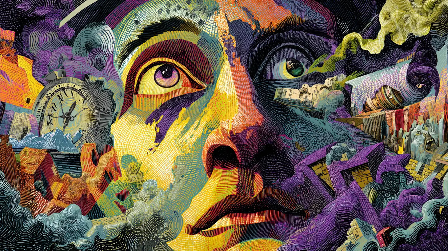 Surreal fractured landscape swirling with distorted inner faces