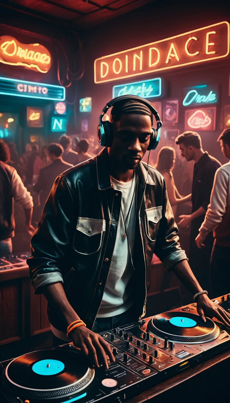 DJ che mixa tracce in una discoteca retrò illuminata al neon, tra la folla danzante