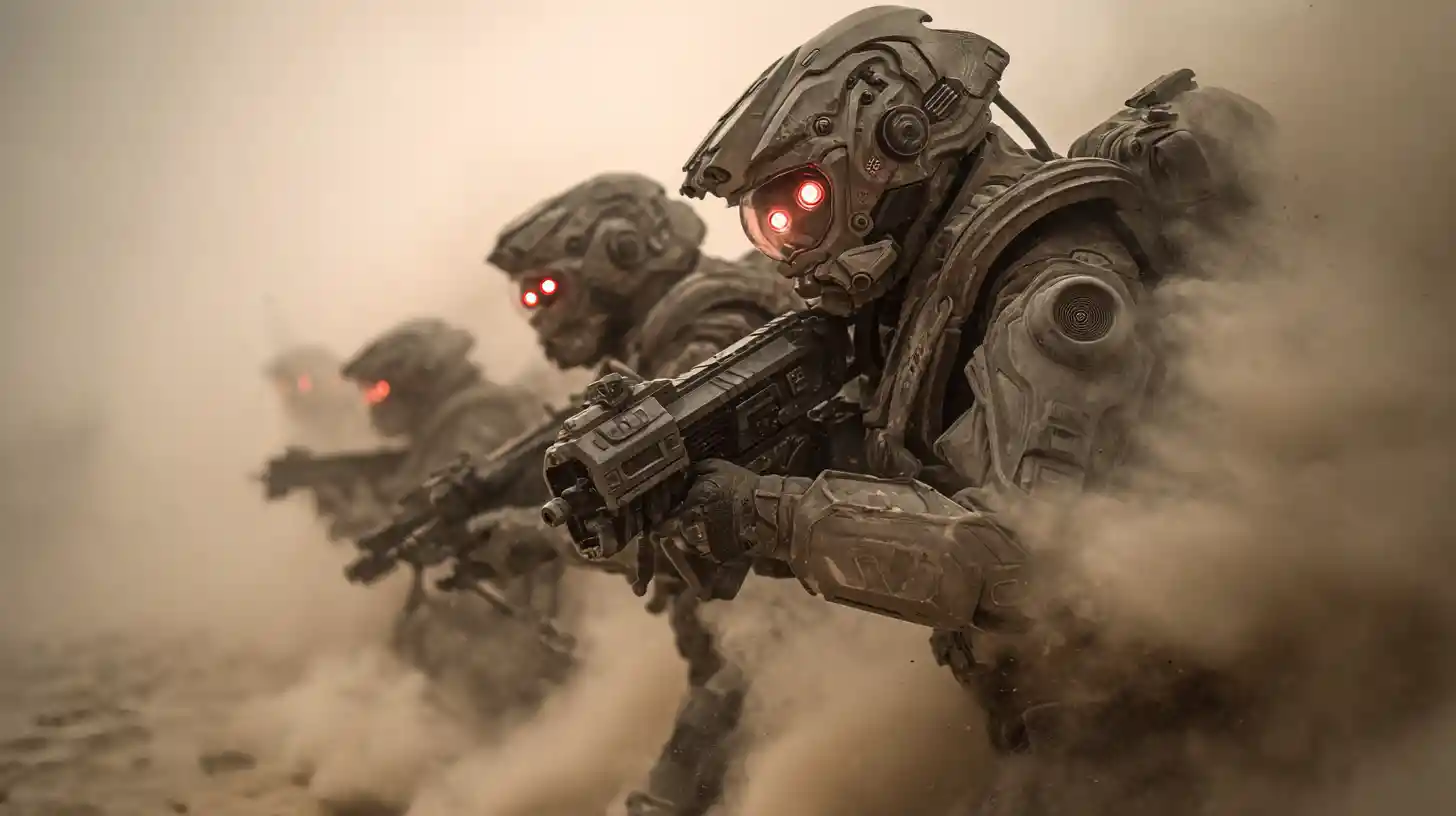Sci fi marines in formation with holographic battle display