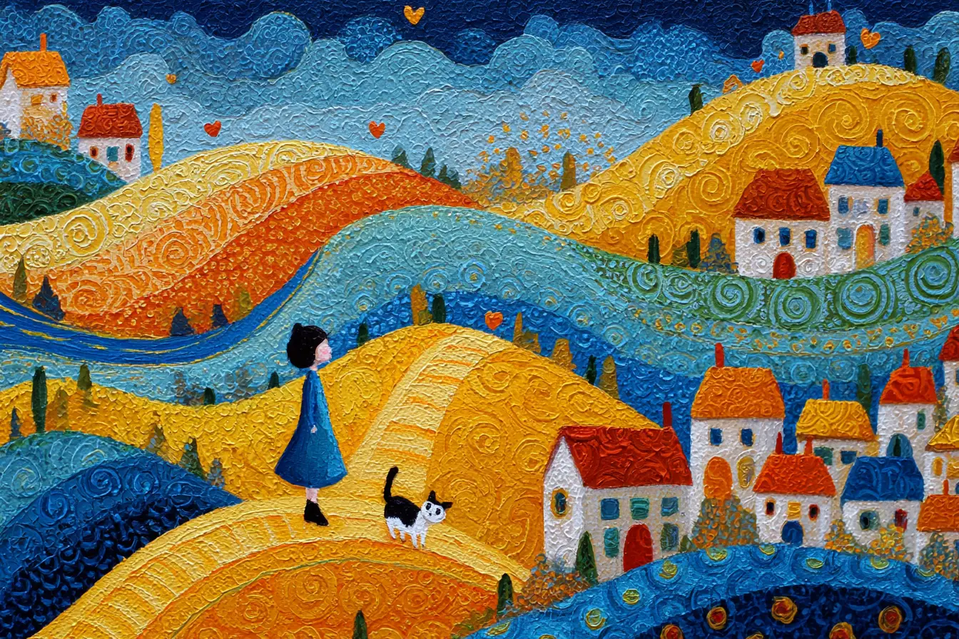 Pintoresco pueblo de arte folclórico con un pequeño gato en un sendero