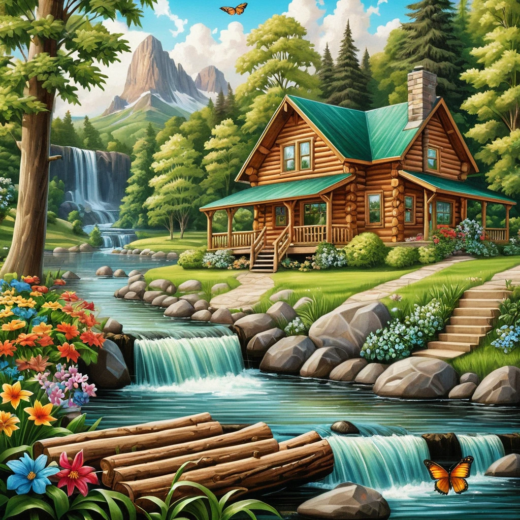 Gemütliche Fluss-Hütte mit Wasserfall im üppigen Sommerwald