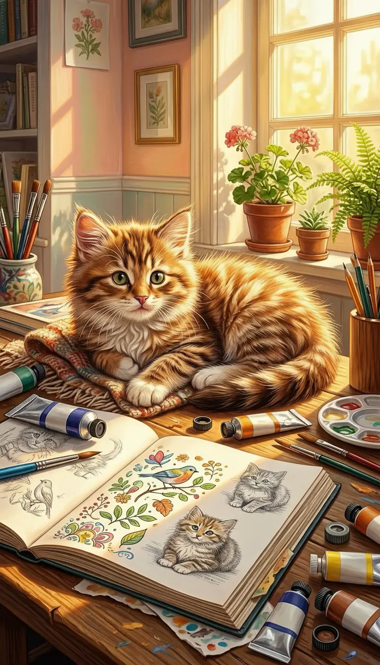 Chaton tout doux se reposant au soleil chaud sur le bureau de l’artiste