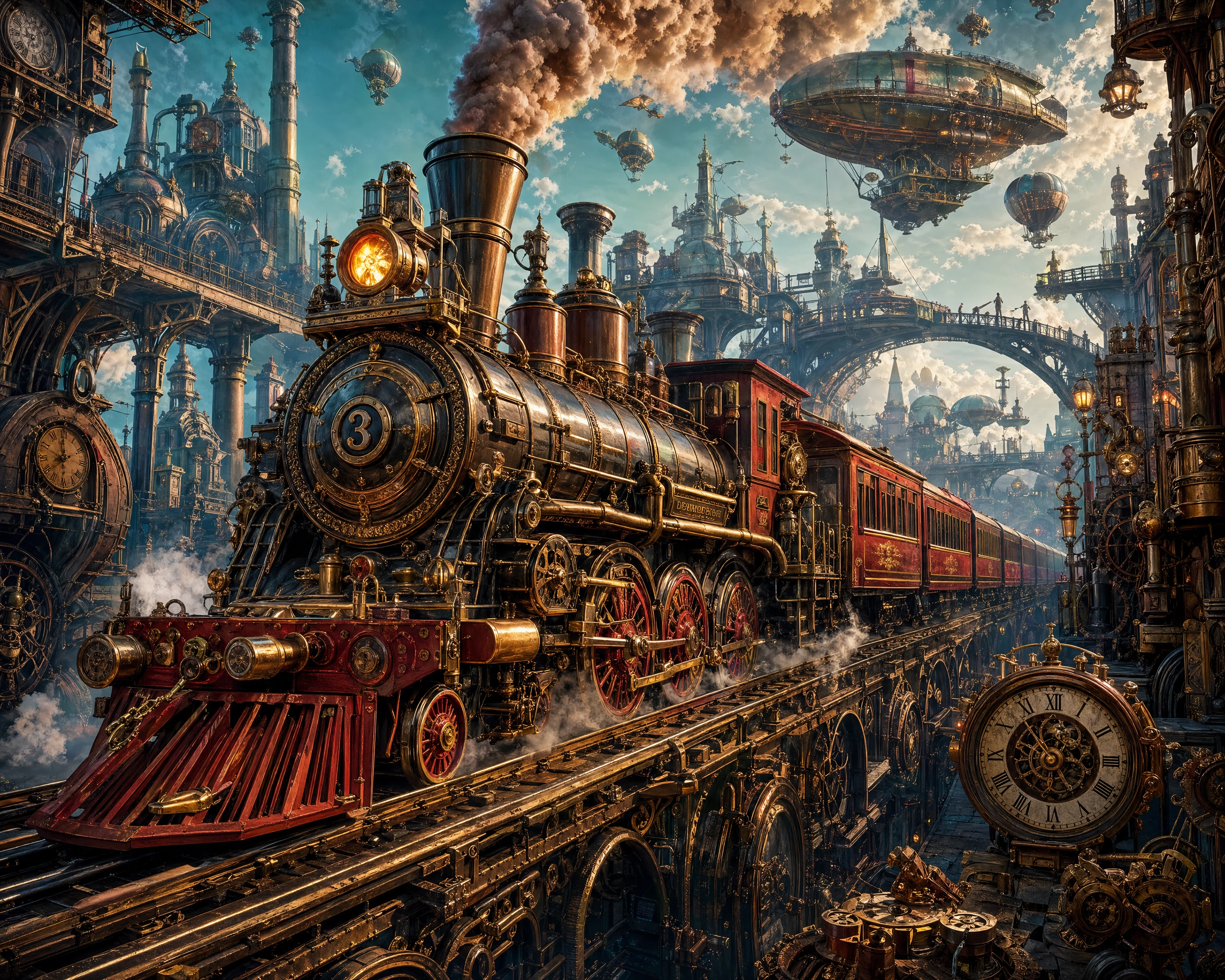 Trem steampunk cruzando um mundo industrial fantástico