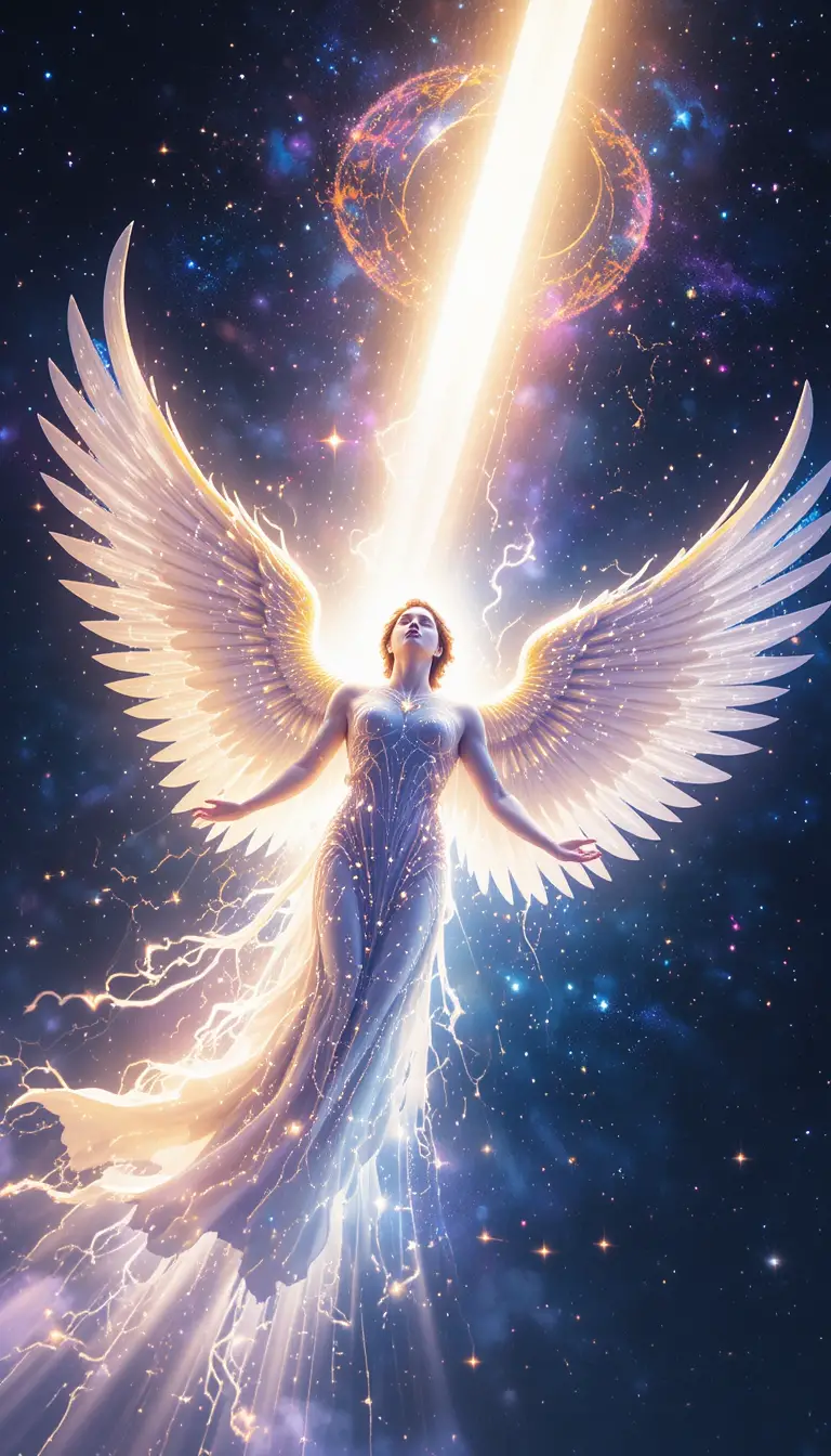 Angel of light soaring through the cosmos in radiant glory