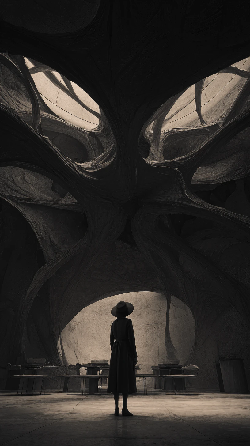 Person in darkness looking toward a distant bright light