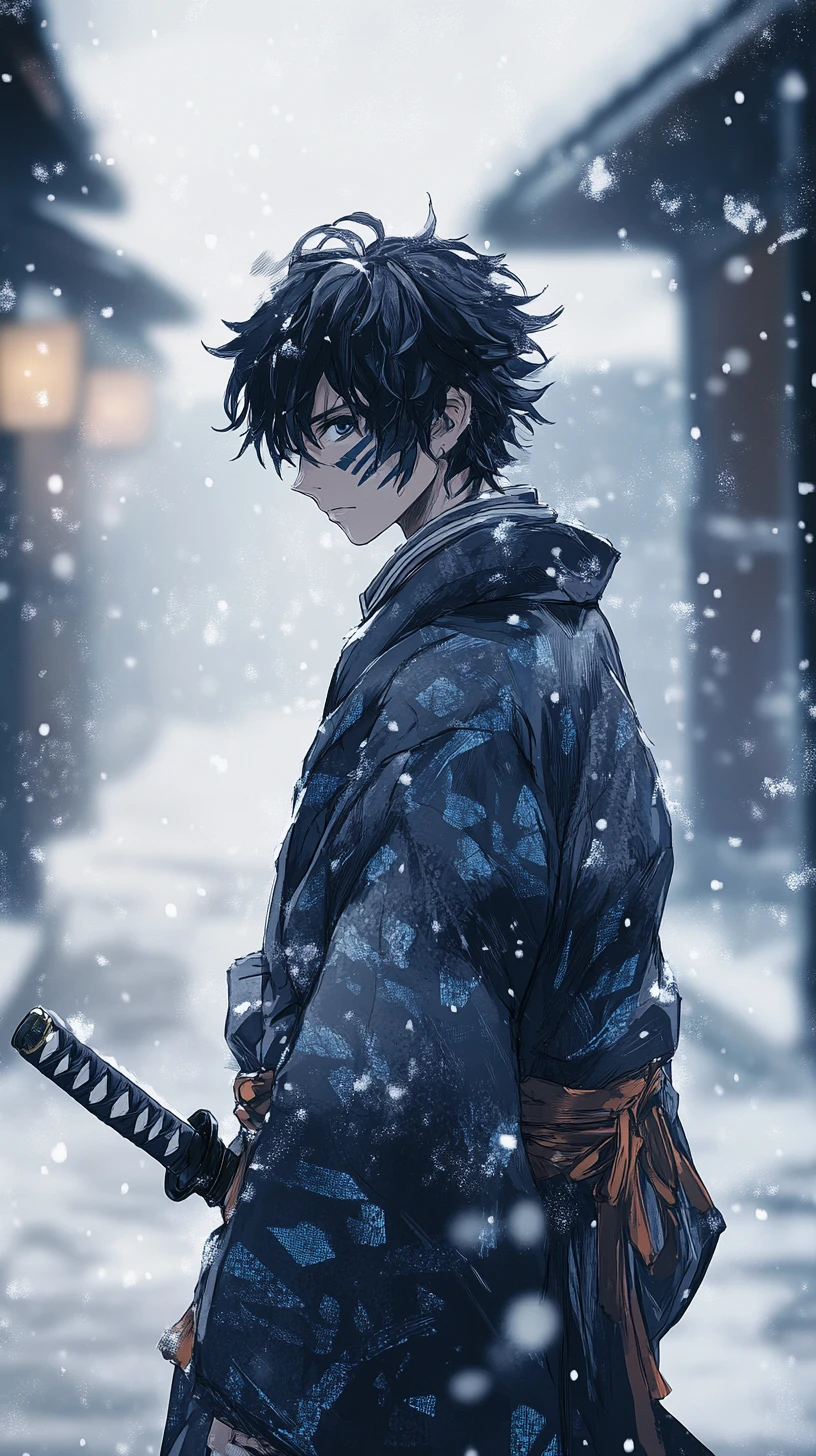 Espadachim de anime na neve caindo em perfil sombrio