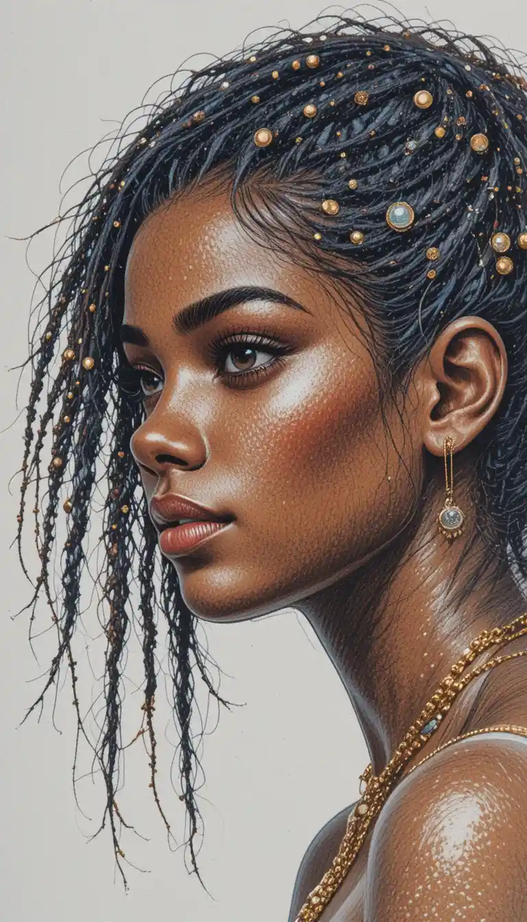 African girl portrait with braided hair in colored pencil